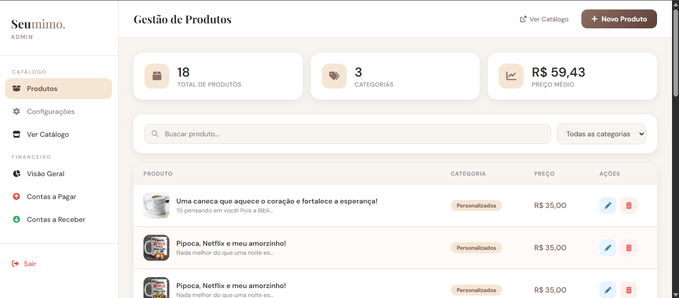 Painel administrativo SeuMimo — gestão de produtos